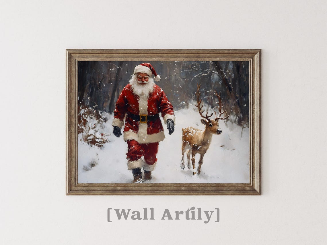 Santa Claus Walking With Reindeer Snowy Forest Christmas Poster - Image 6