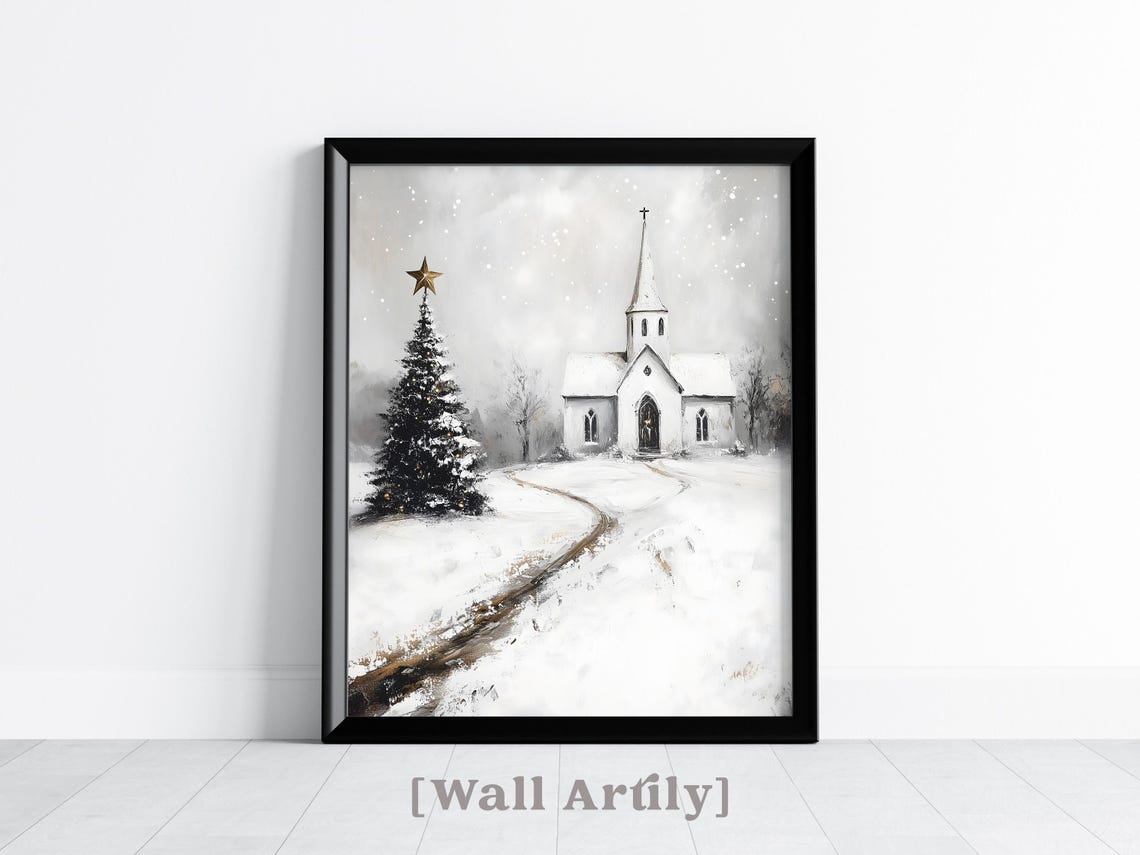 Vintage Snowy White Church And Christmas Tree Winter Painting Poster - Image 3