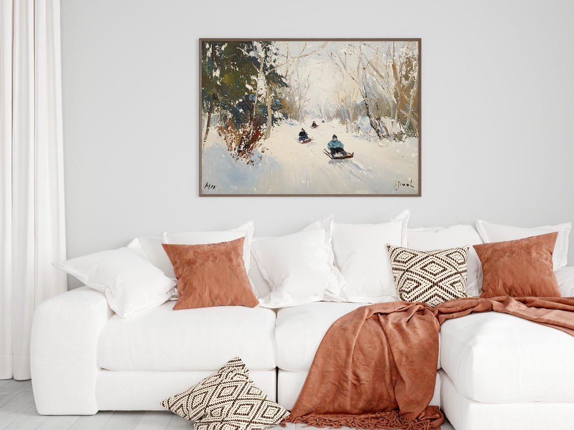 Impressionist Children Sledding Down A Snowy Hill Painting Poster - Image 2