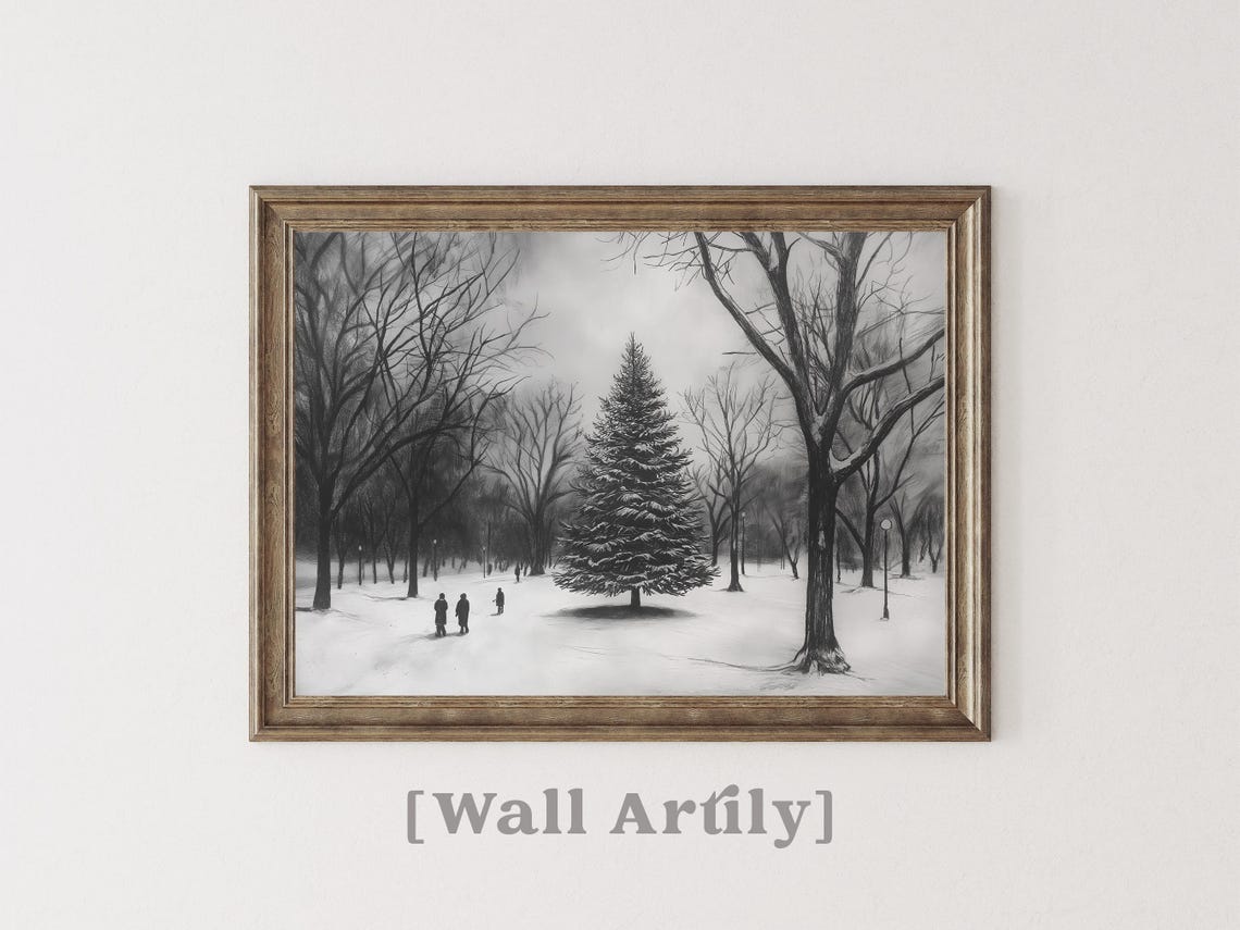 Monochrome Pencil Sketch Snowy Park Christmas Tree Drawing Poster - Image 5