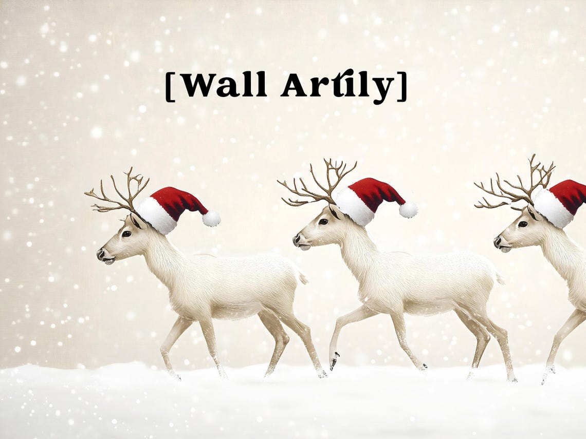 Three White Deer in Santa Hats Christmas Snow Scene Holiday Poster