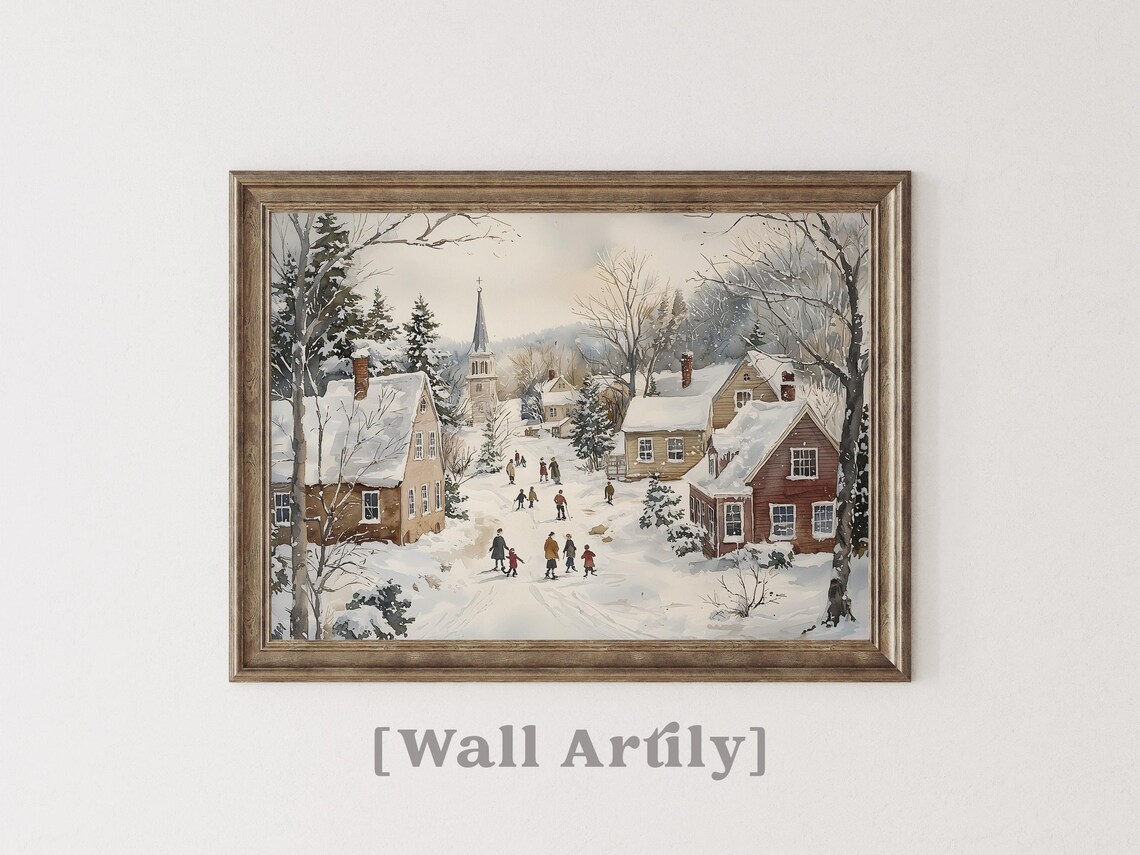 Snowy Village Street With Church And Houses Winter Watercolor Poster - Image 2