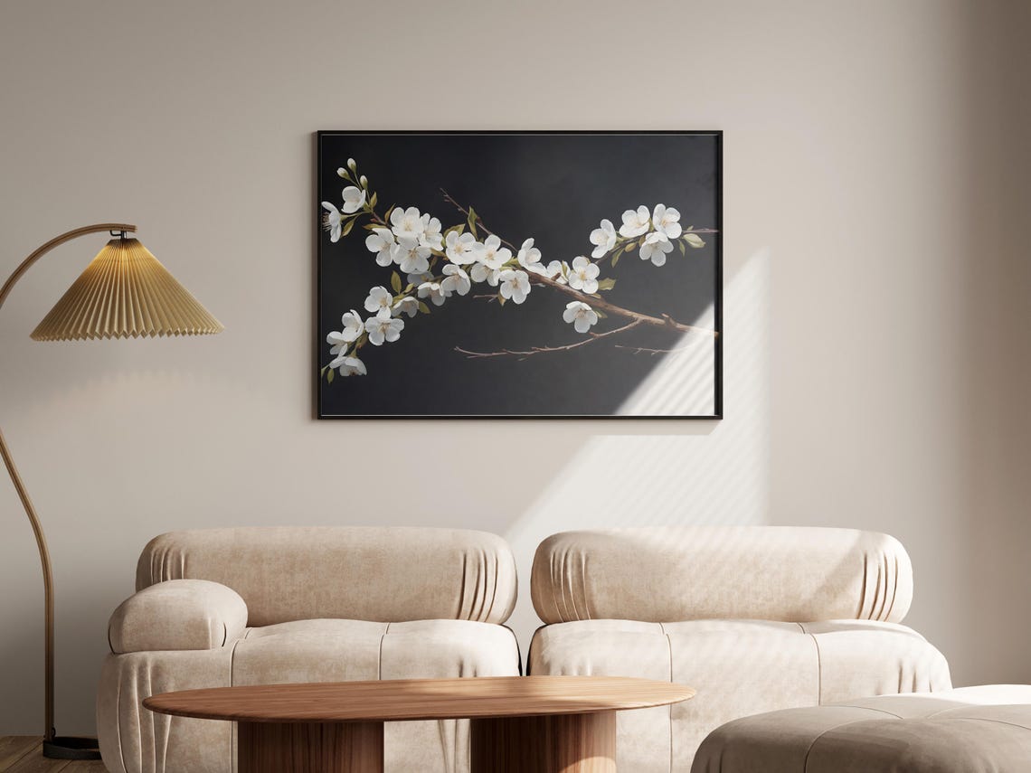 White Cherry Blossom Moody Black Background Floral Art Poster - Image 6