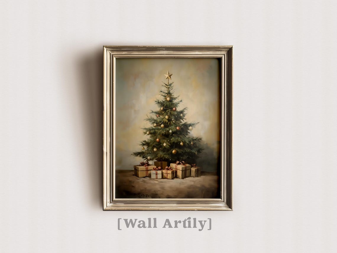 Vintage Christmas Tree Presents Oil Painting Holiday Decor Poster - Image 5