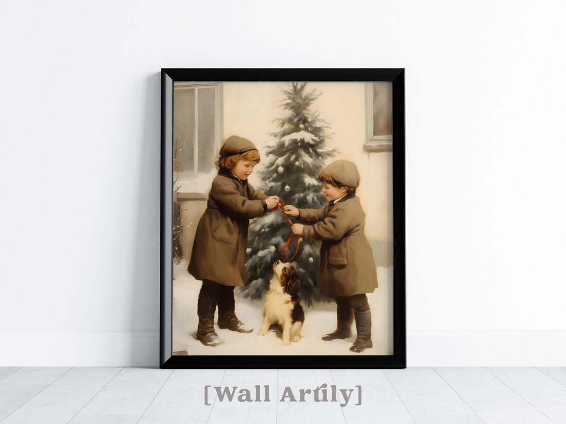 Vintage Children Decorating Christmas Tree Puppy Holiday Art Poster - Image 3