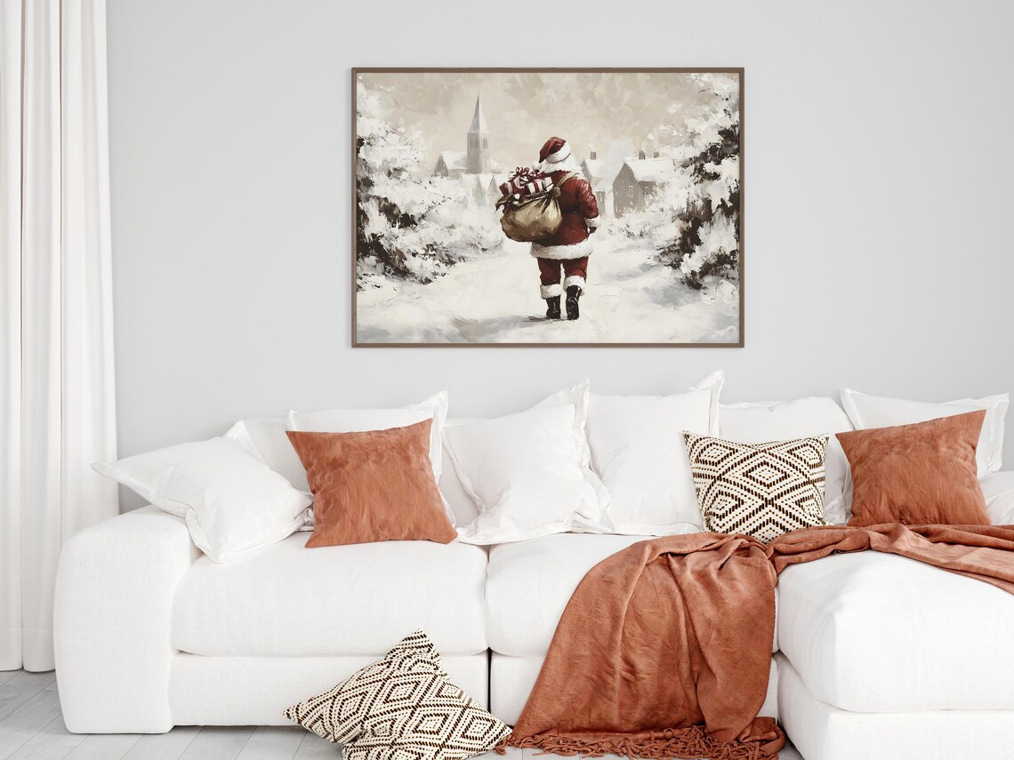 Santa Claus Carrying Gifts Into Snowy Village Winter Scene Poster - Image 2