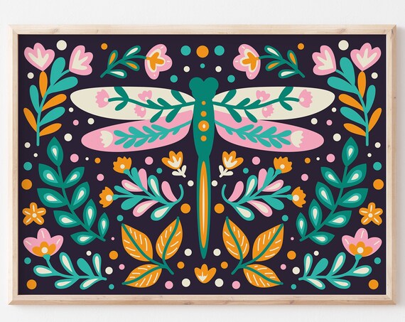Folk Style Dragonfly Scandi Floral Dark Background Insect Art Poster