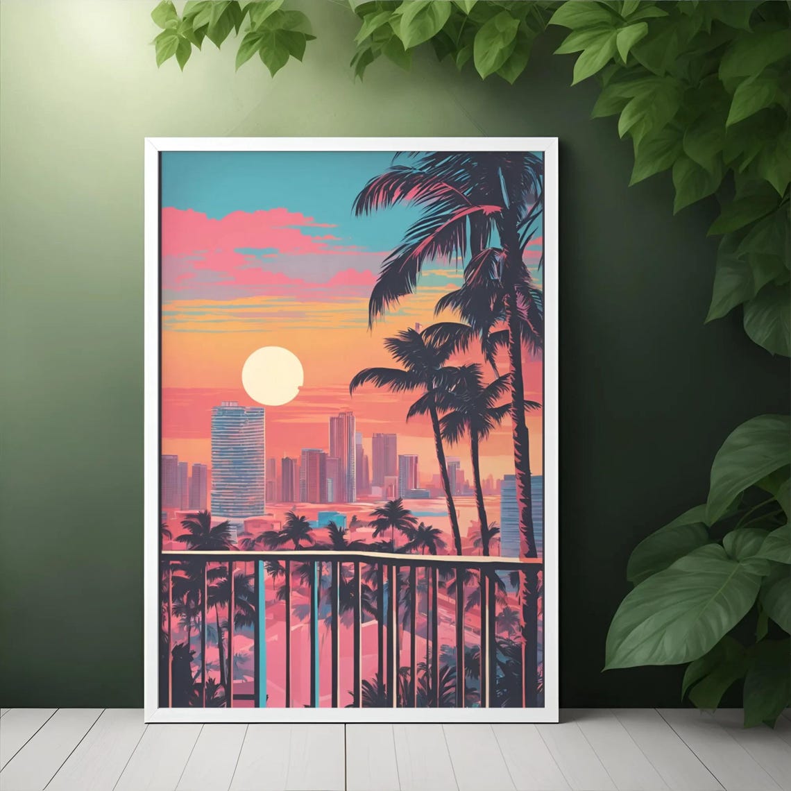 Miami Sunset Skyline Palm Trees Balcony View Retro Style Poster