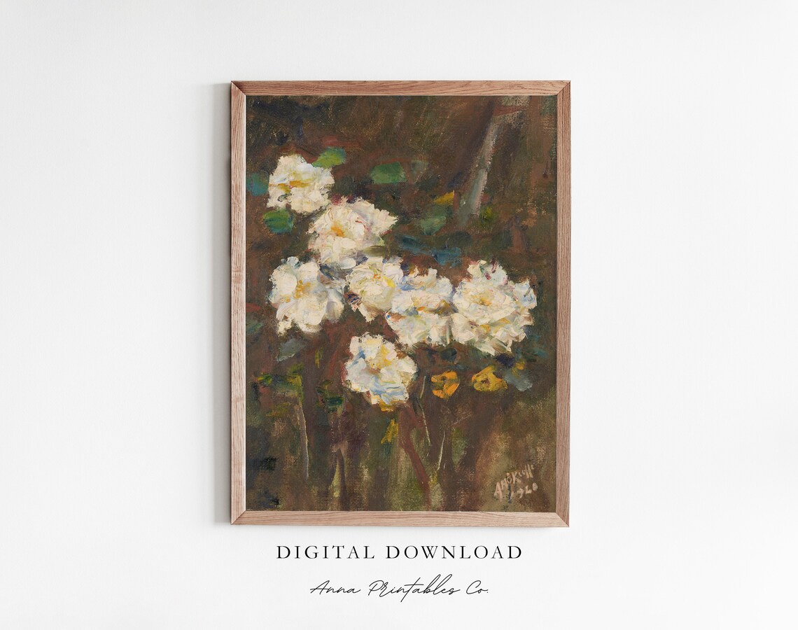 White Roses Dark Background Oil Painting Vintage Floral Art Poster
