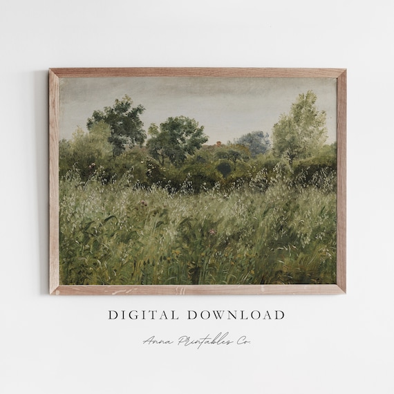 Green Meadow Vintage Painting, Cottagecore Art Print