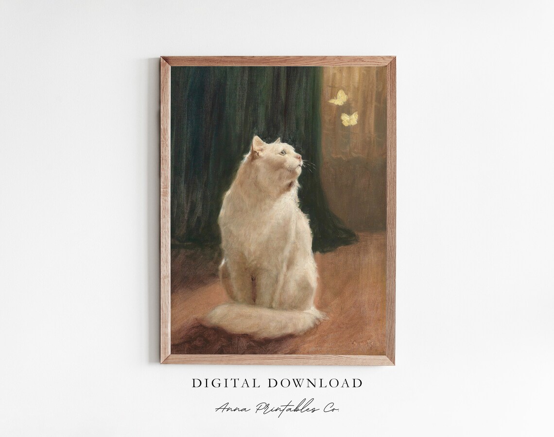 Butterfly Tease Antique White Cat, Vintage Art Print