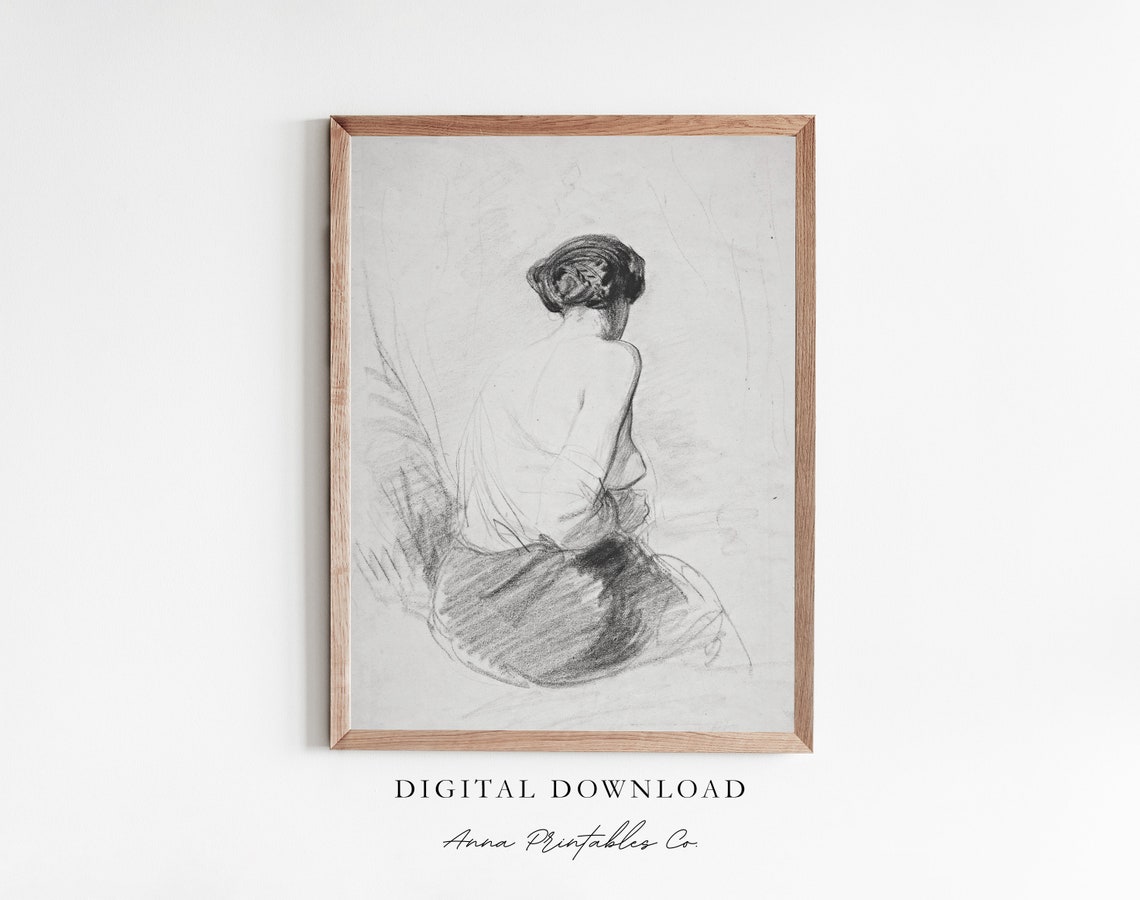 Nude Study Antique Charcoal Sketch Seated Figure Drawing Poster