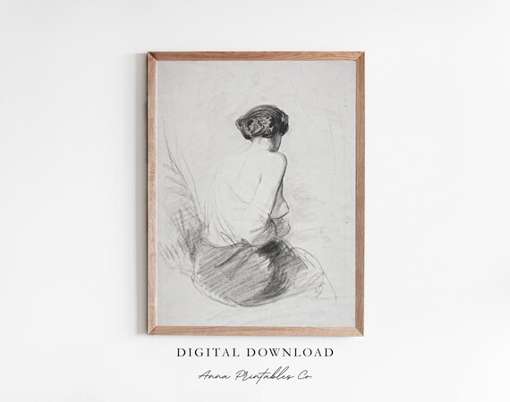 Nude Study Antique Charcoal Sketch Seated Figure Drawing Poster