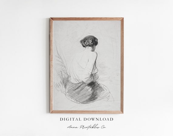 Nude Woman Vintage Charcoal Sketch Wall Art Print Antique Sketch Naked Woman Wall Art Rustic Farmhouse Decor