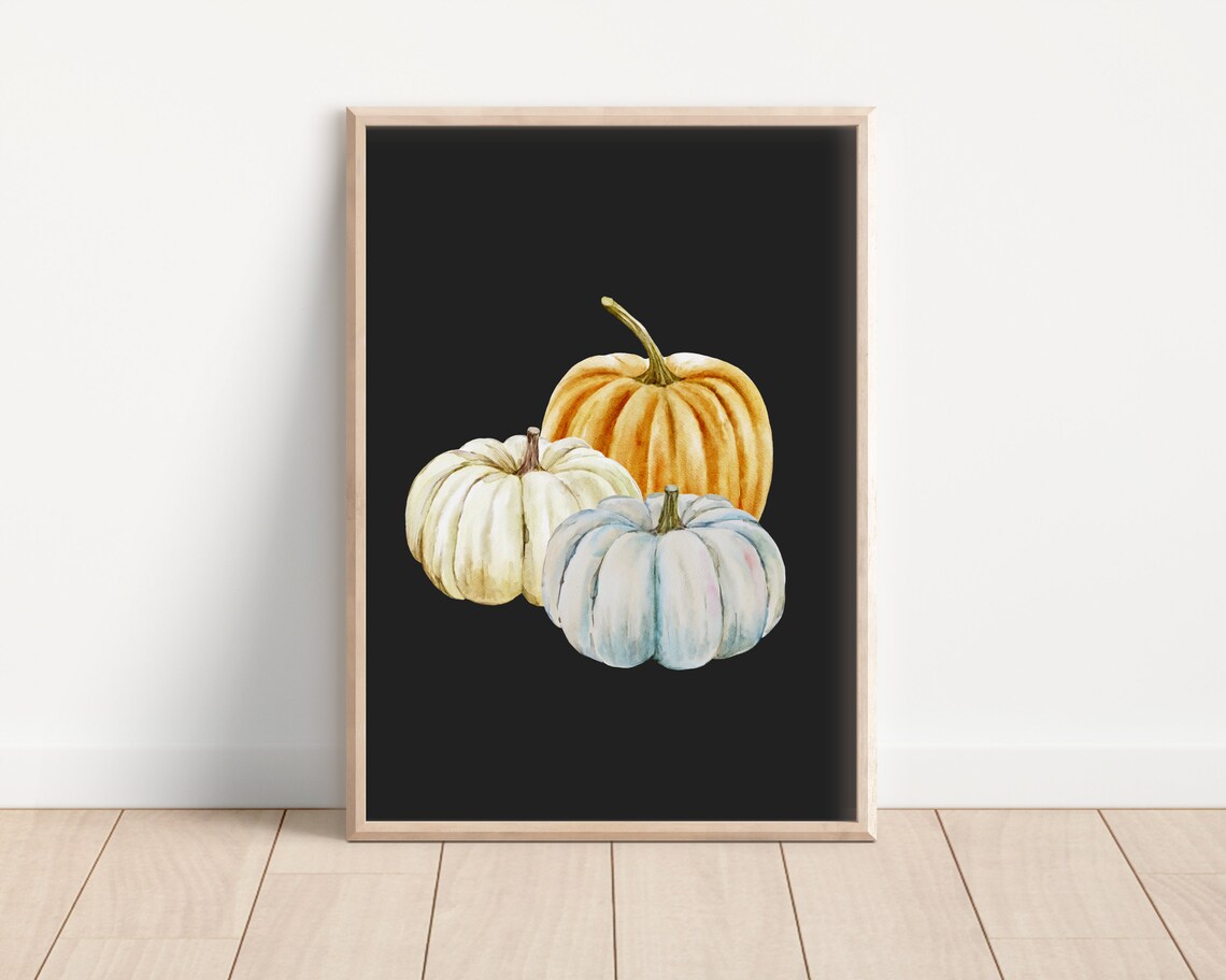 Pumpkin Trio Watercolor on Black Moody Autumn Fall Decor Poster - Image 2