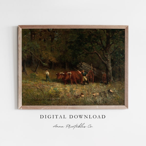 Farmers And Oxen Vintage Dark Cottagecore Painting Dark Forest Wall Art Countryside Landscape Art Pint