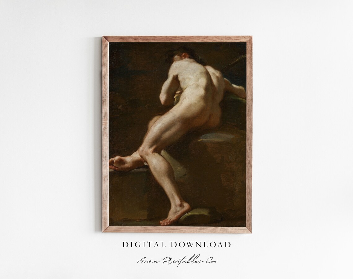 Classical Male Figure Study Seated Nude Academic Oil Painting Print