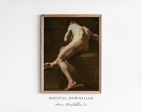 Classical Male Figure Study Seated Nude Academic Oil Painting Print