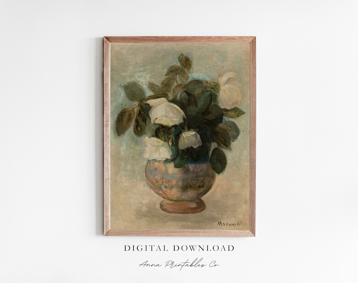 White Roses in Vase Still Life Vintage Impressionist Floral Poster