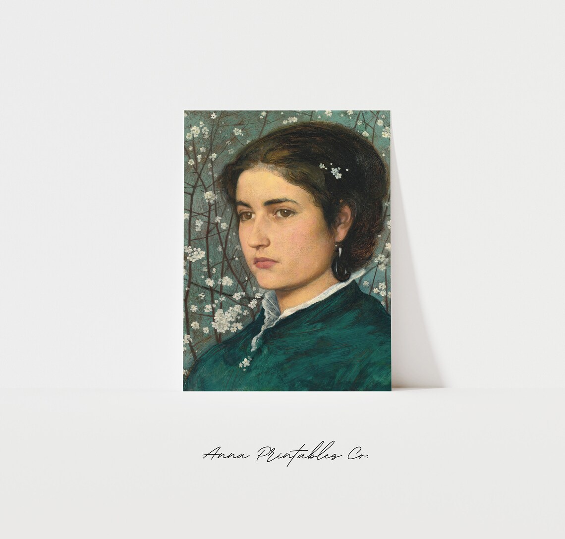 Young Woman Portrait In Green Dress White Blossoms Antique Poster