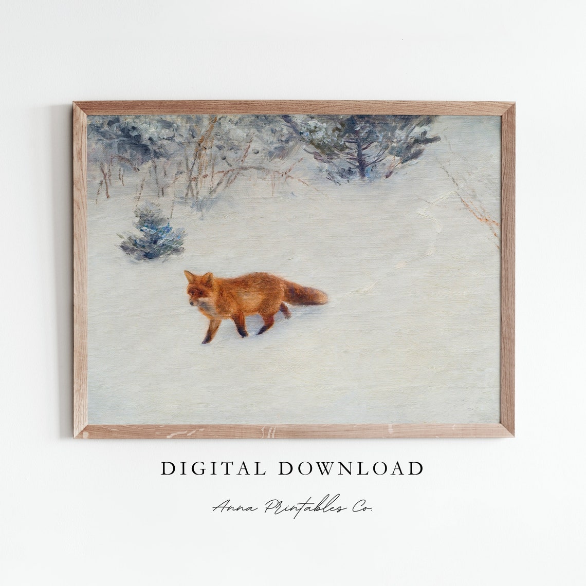 Red Fox Walking Through Snowy Winter Forest Vintage Painting Print
