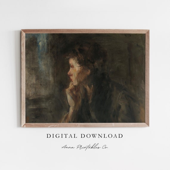 Contemplation Antique Moody Portrait Painting For Vintage Dark Academia Wall Art Victorian Fine Art Print