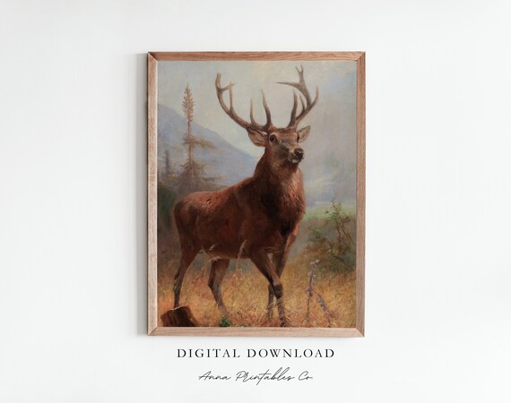 Majestic Stag Antlers Mountain Meadow Vintage Wildlife Poster