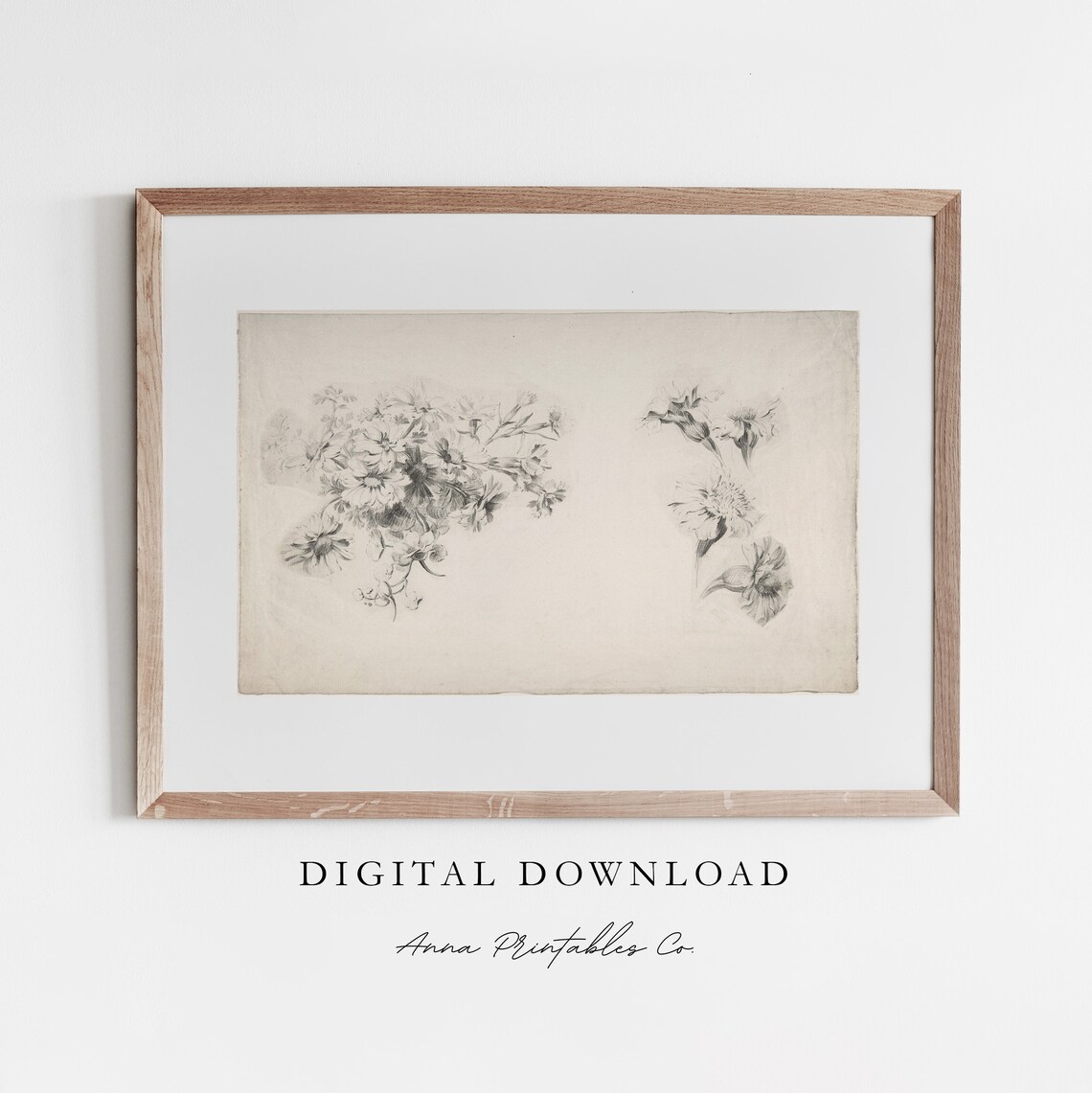 Flower Sketch Antique Floral Drawing, Rustic Farmhouse