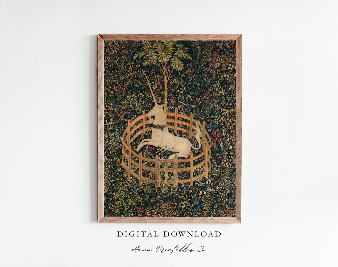 Unicorn Tapestry Print, Medieval Vintage Aesthetic