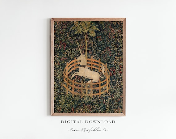 Unicorn Tapestry Print, Medieval Vintage Aesthetic