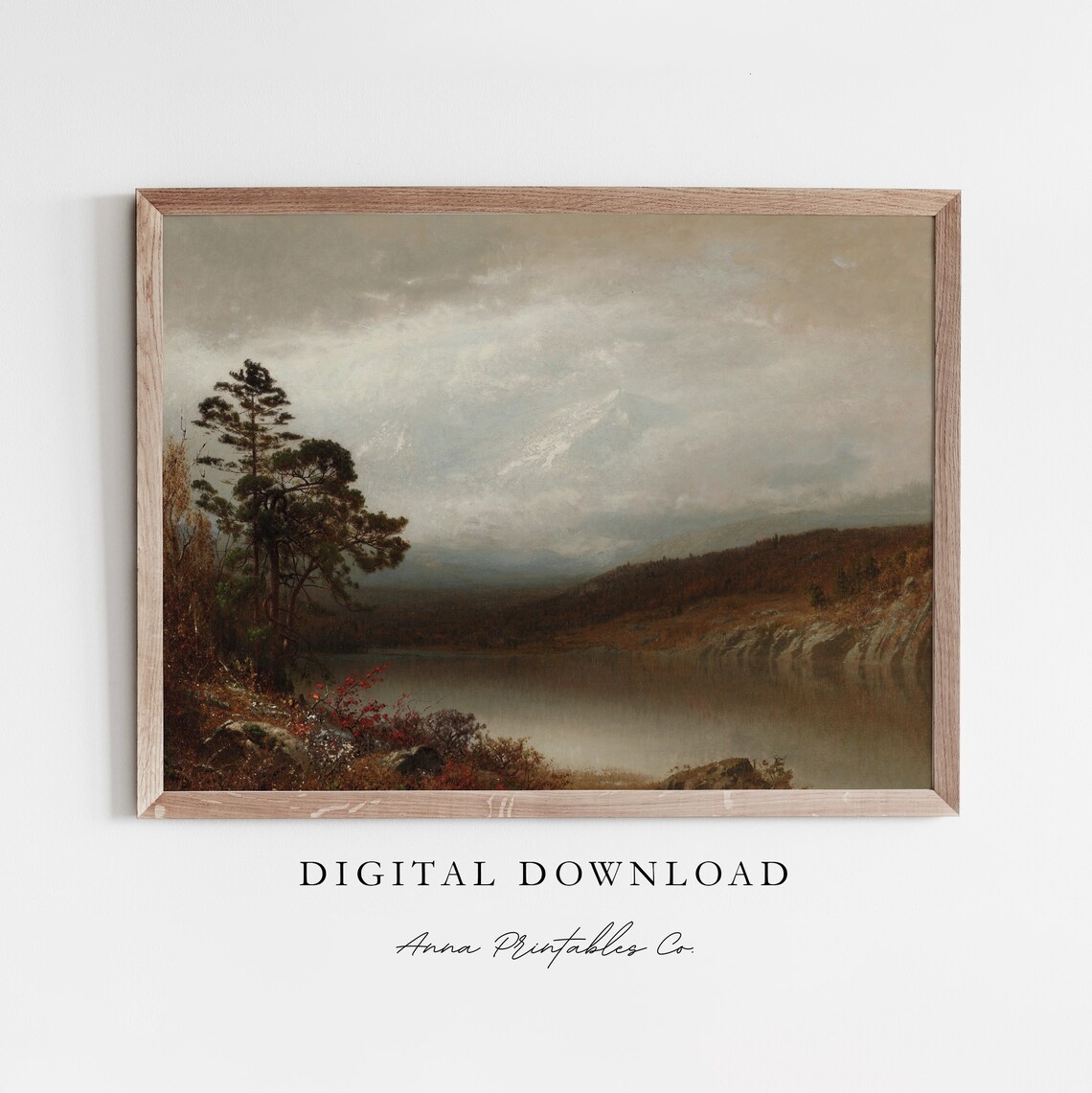 Autumn Wilderness Lake with Tall Pines Grand Landscape Painting Print
