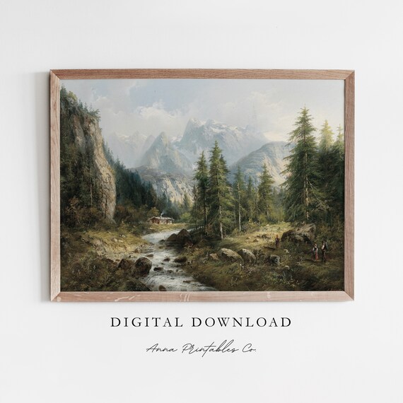In The Mountains Antique Rustic Mountain Landscape Painting For Vintage Nature Artwork For Fine Art