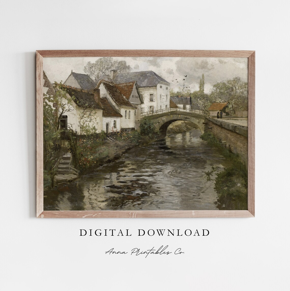 Village Stone Bridge Riverside Vintage European Painting Poster