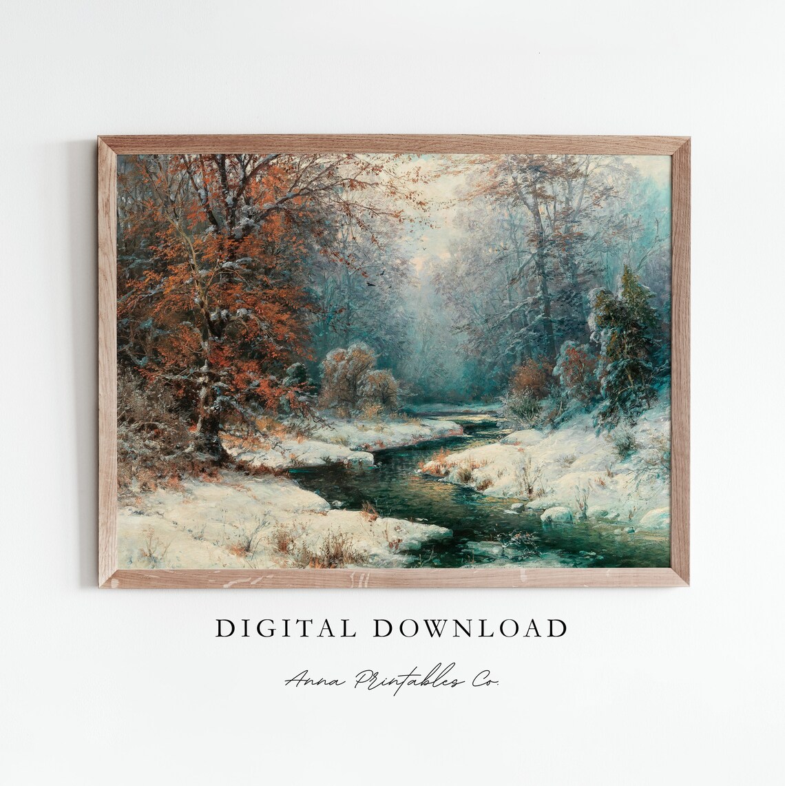 Vintage Winter Forest Painting, Christmas Landscape Art Print