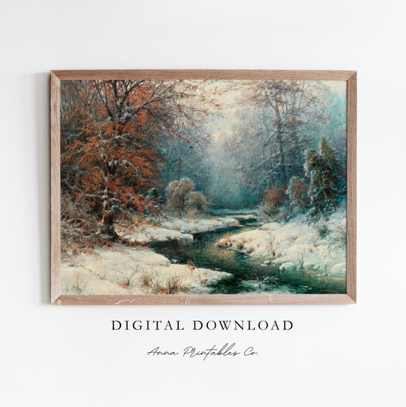 Vintage Winter Forest Painting, Christmas Landscape Art Print