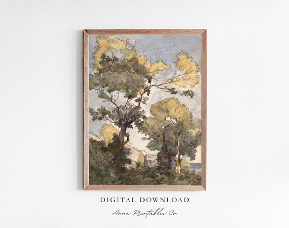Trees In The Dawn Antique Watercolor Landscape Painting For Nature Painting Wall Art Fine Art Prints