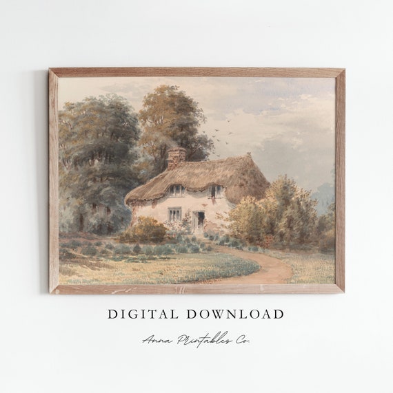 Thatched Roof Cottage Antique Cottage Painting For Cottagecore Wall Art Fine Art Print Vintage Decor