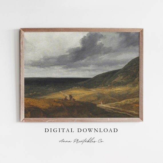 Green And Golden Rolling Hills Antique Moody Landscape Painting For Fine Art Print Decor Pastoral Wall Art