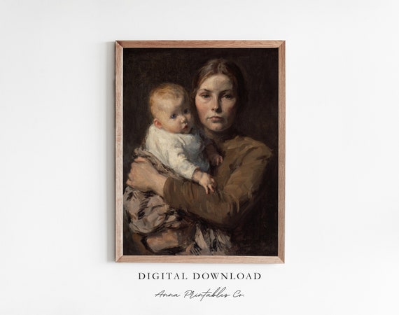 Mother And Child Antique Portrait Painting For Vintage Moody Wall Art Dark Victorian Fine Art Print Decor