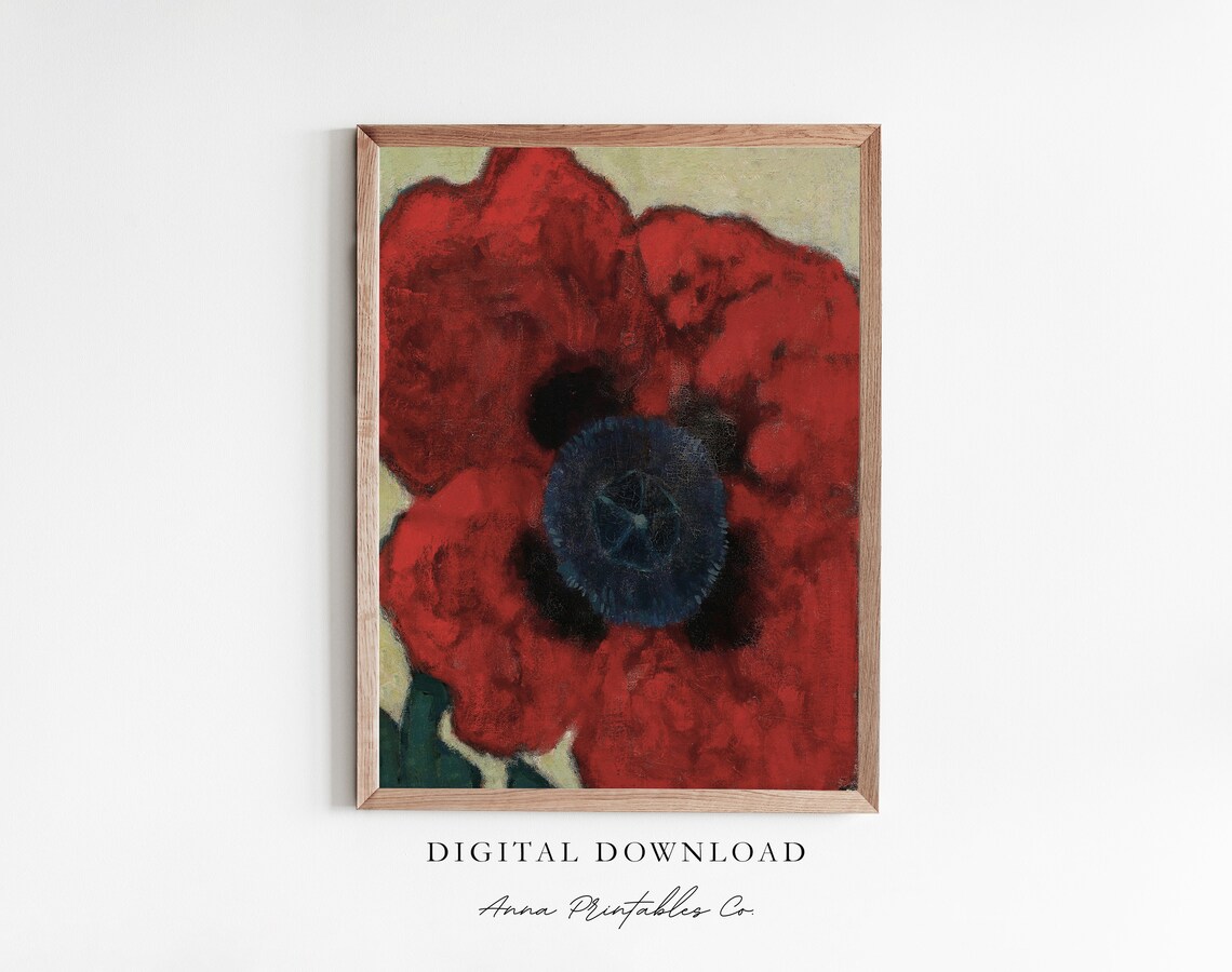 Bold Red Poppy Flower Macro Detailed Vintage Oil Painting Art Print