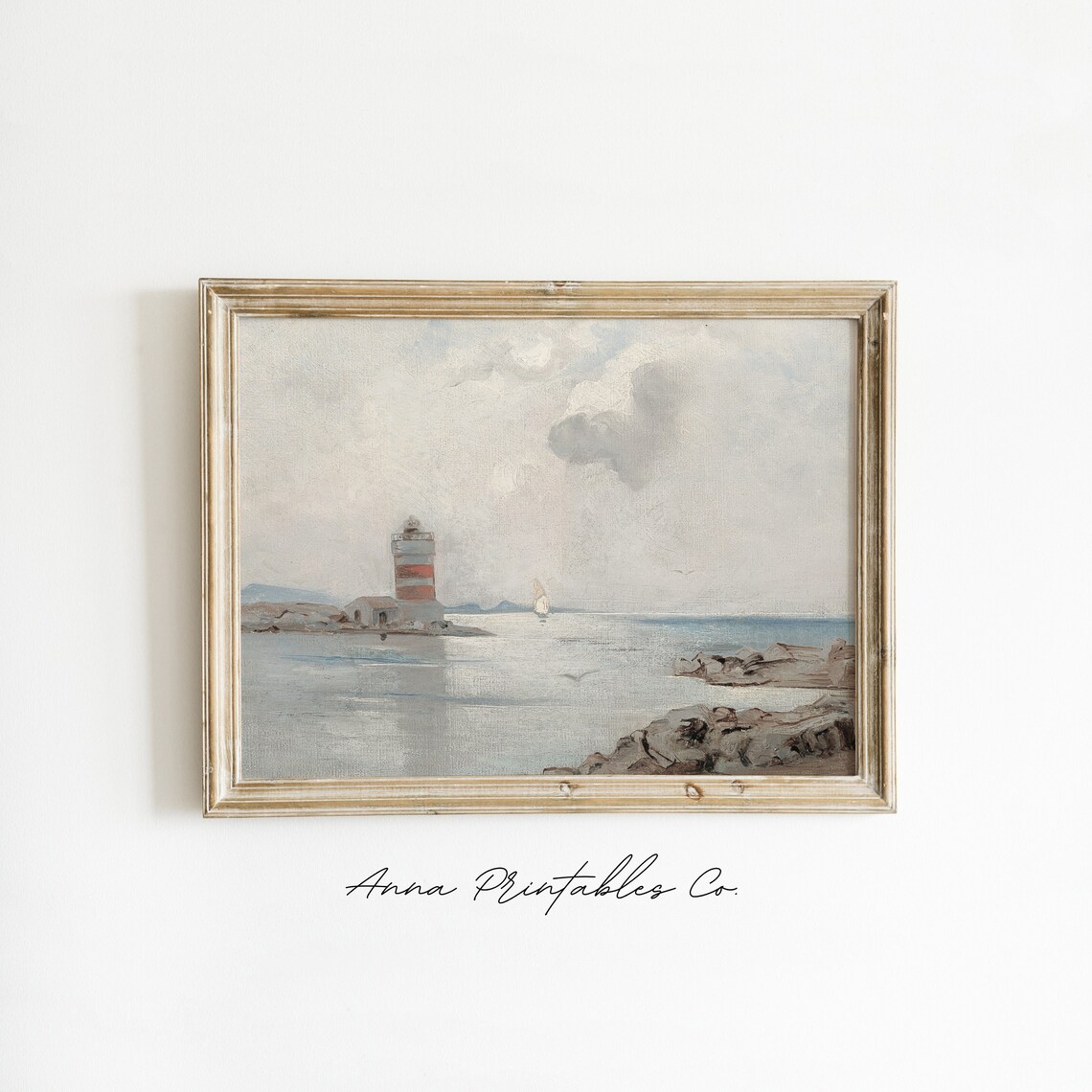 Lighthouse In The Bay Antique Coastal Painting Striped Tower Seascape Print - Image 2