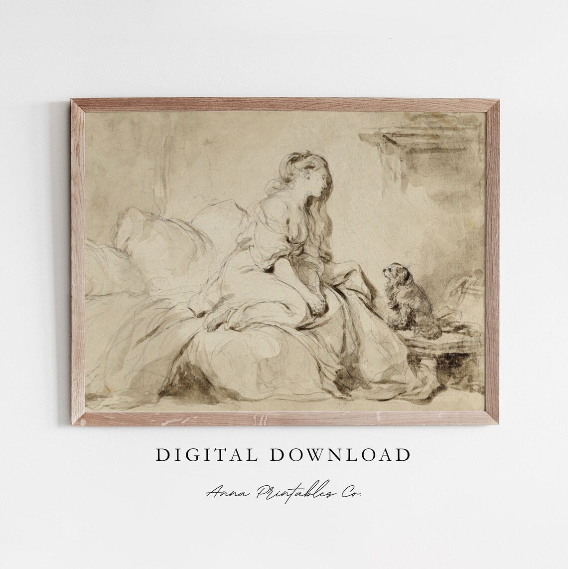 Lady With Her Dog Antique Sepia Watercolor Art Print