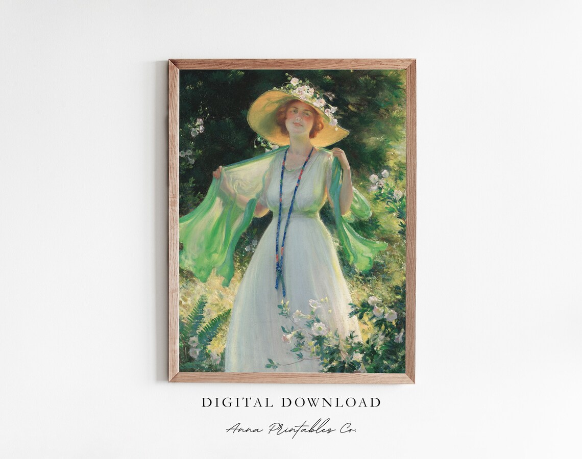 Sunlit Garden Portrait of a Woman in White with Flower Hat Poster