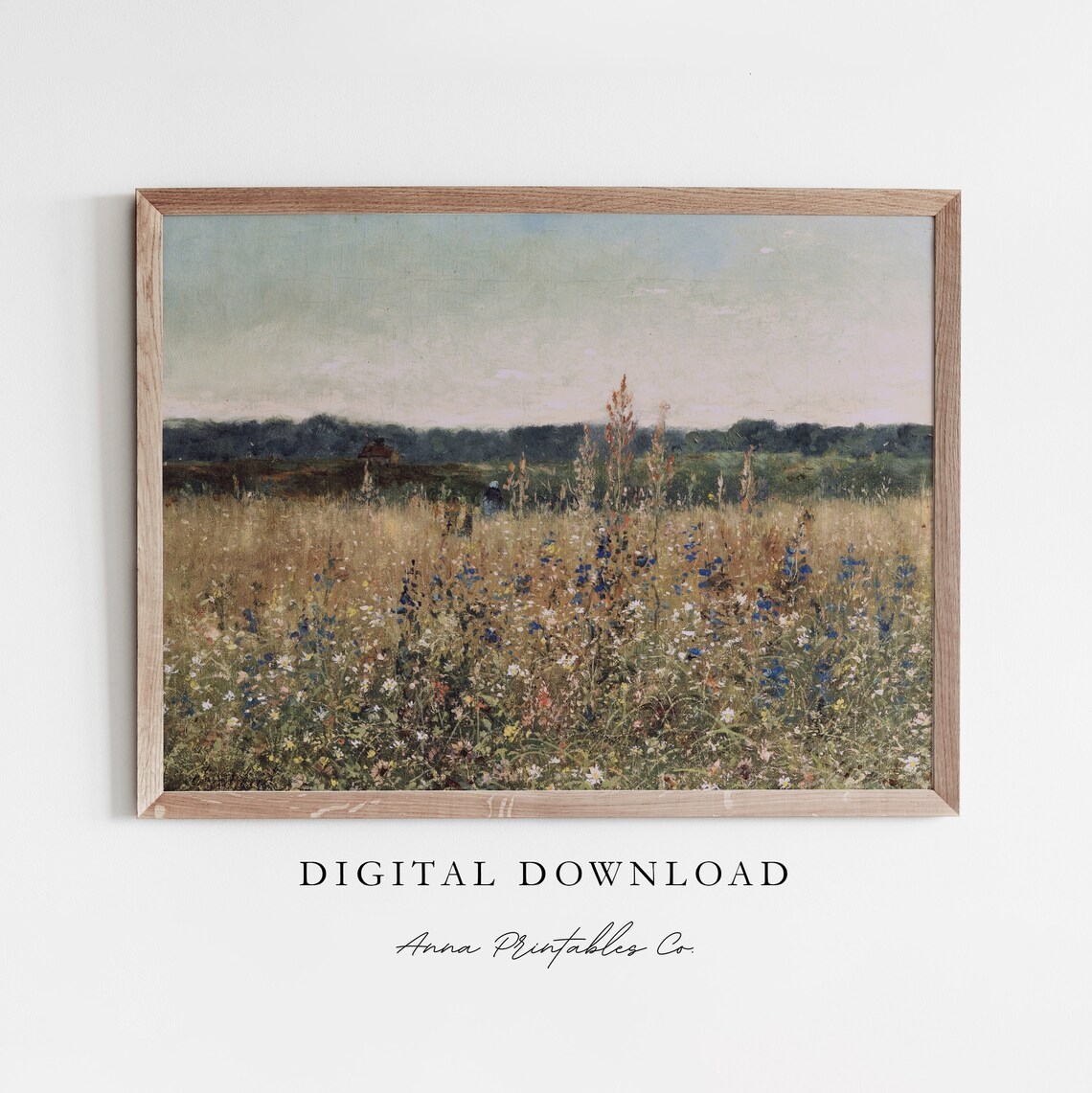 Blue Flowers in a Golden Field, Cottagecore Art Print