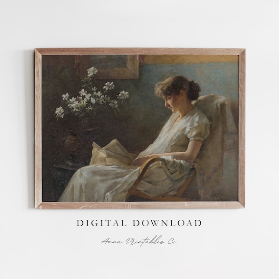 Woman Reading by Lamplight with White Flowers Interior Poster