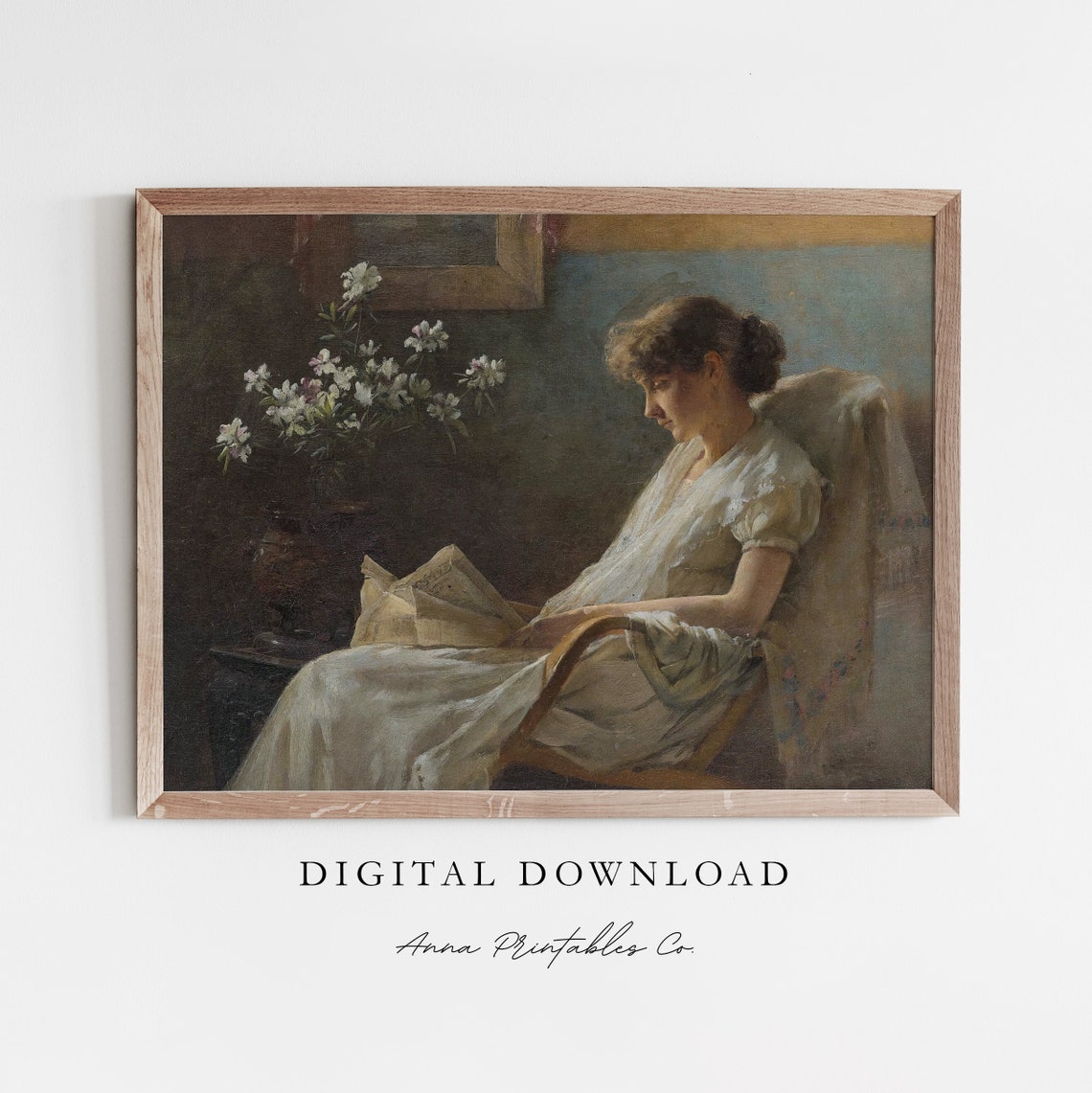 Woman Reading by Lamplight with White Flowers Interior Poster