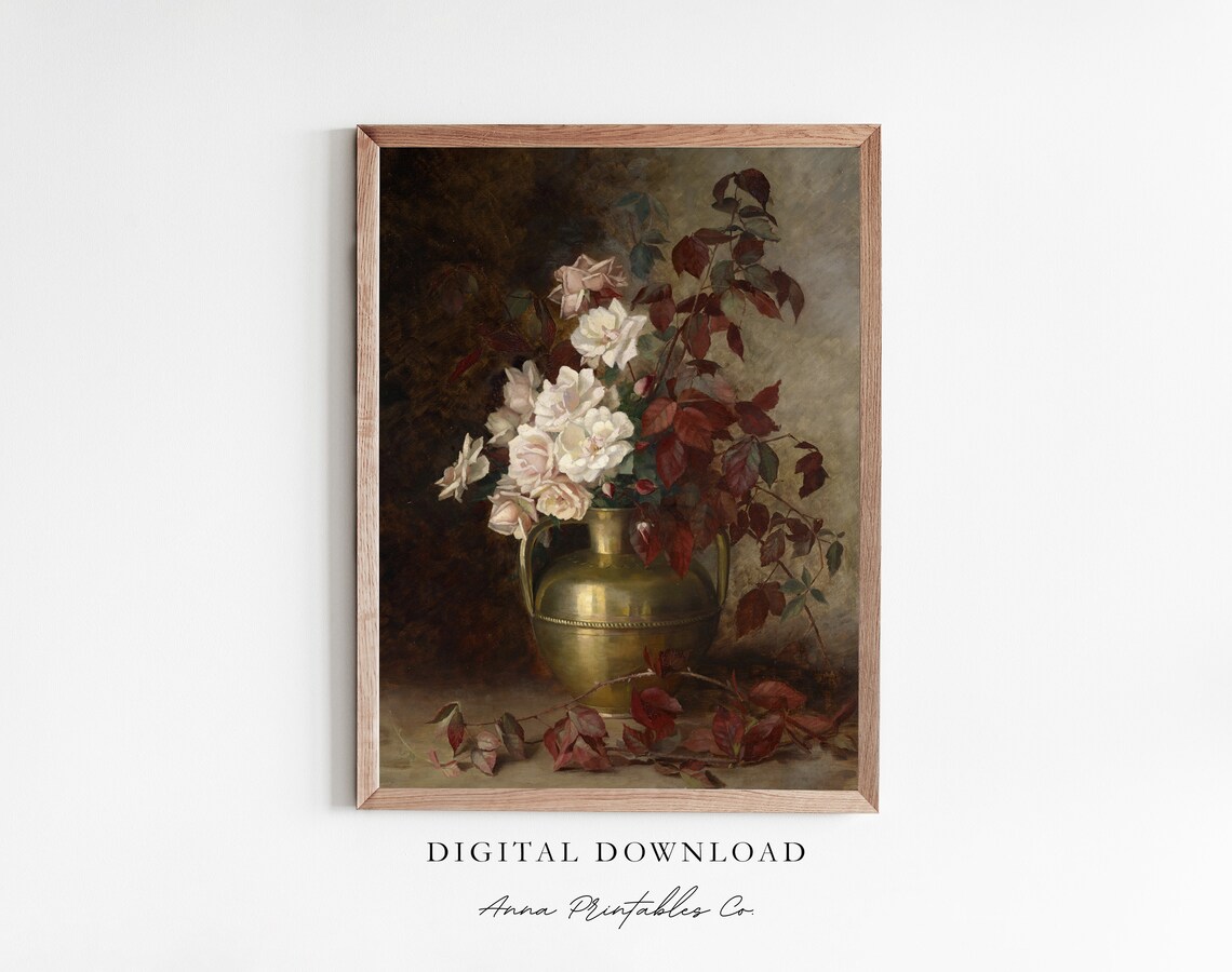 Flowers in Gold Vase, Antique Floral Still Life Art Print
