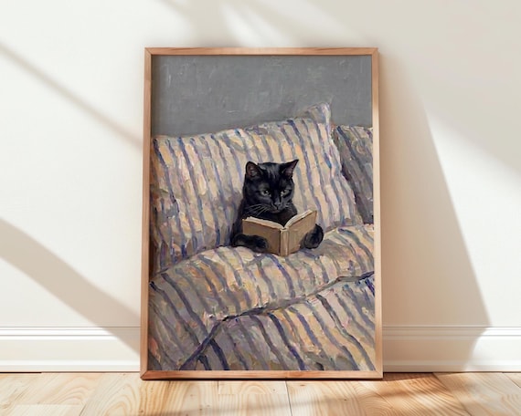 Black Cat Reading In Bed Print Nook Decor
