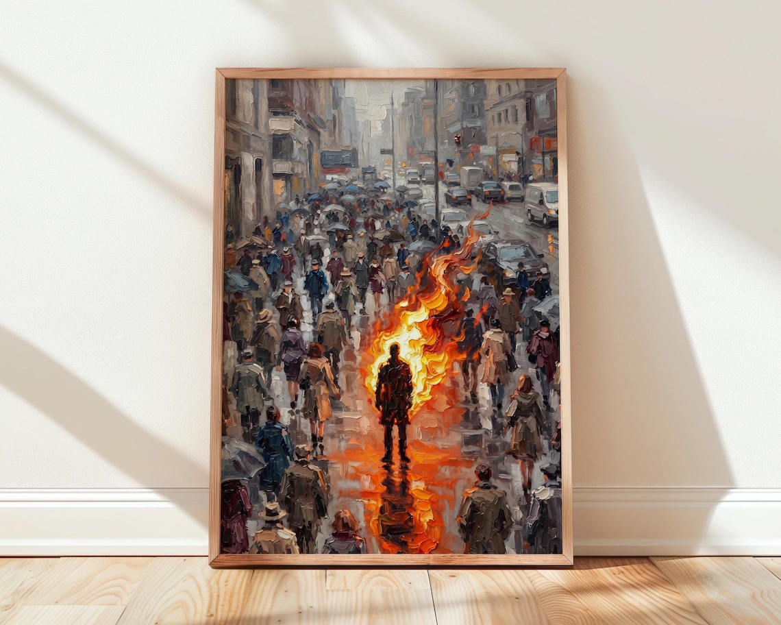 Burning Man in Crowd, Dark Academia Art Print