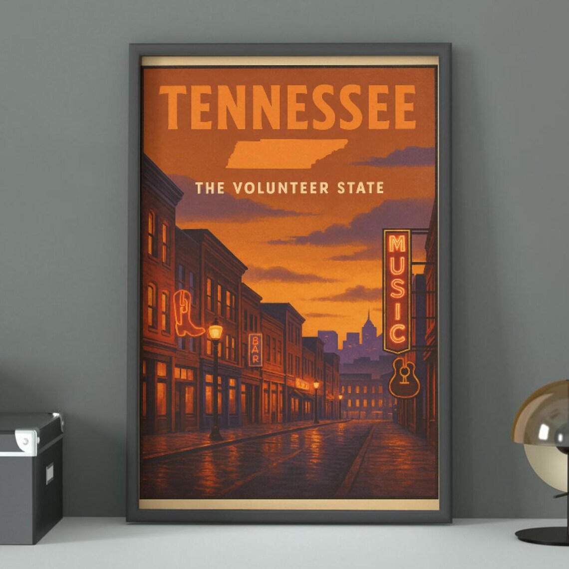 Tennessee The Volunteer State Neon Music Street Retro Travel Poster
